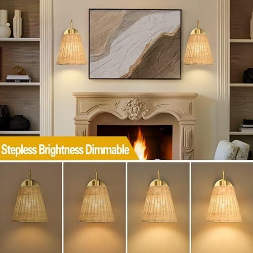 Rattan Battery Operated Wall Sconces set of Two,Rechargeable Wall Sconces with 5000mAh Dimmable Bulb and Remote,LED 12 Colors Boho Wall Lighting with Remort for Bedroom Living Room Hallway Wall Decor thumbnail 3
