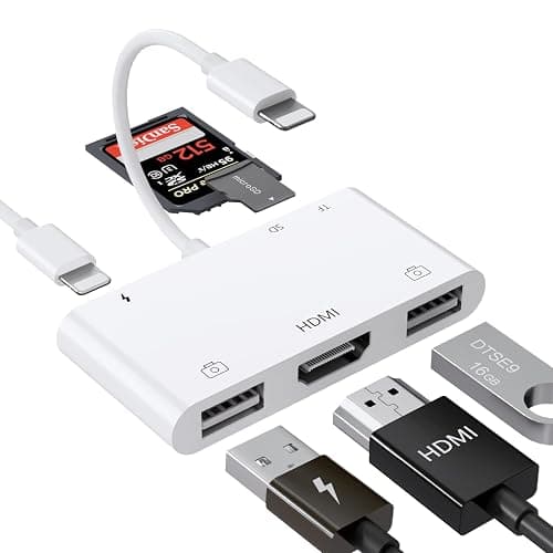 FEINODI Lightning to HDMI Adapter with USB Camera and Charging Port, SD Card Reader for iPhone, 6 in 1 Camera Adapter to iPhone, Supports MIDI Keyboard, Mouse, HD TV/Projector/Monitor, Plug & Play - Image 1