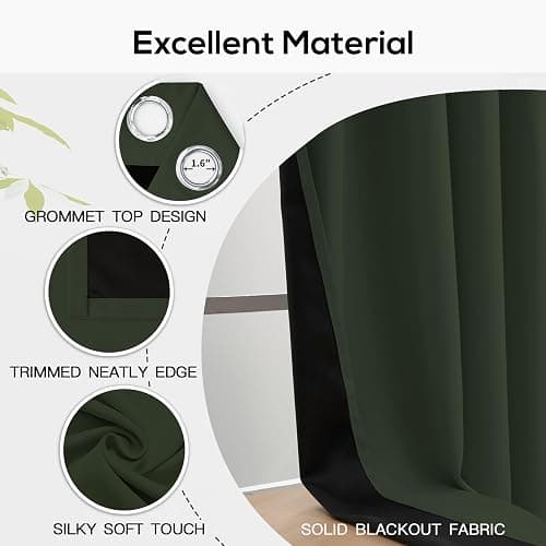 Yakamok Greyish Green Blackout Curtains 84 inches Long for Bedroom 52" Wide | Thermal Insulated Window Treatment Total Blocking Panels with Black Liner for Living Room/Dining Room Grommet Top 2 Panels thumbnail 4