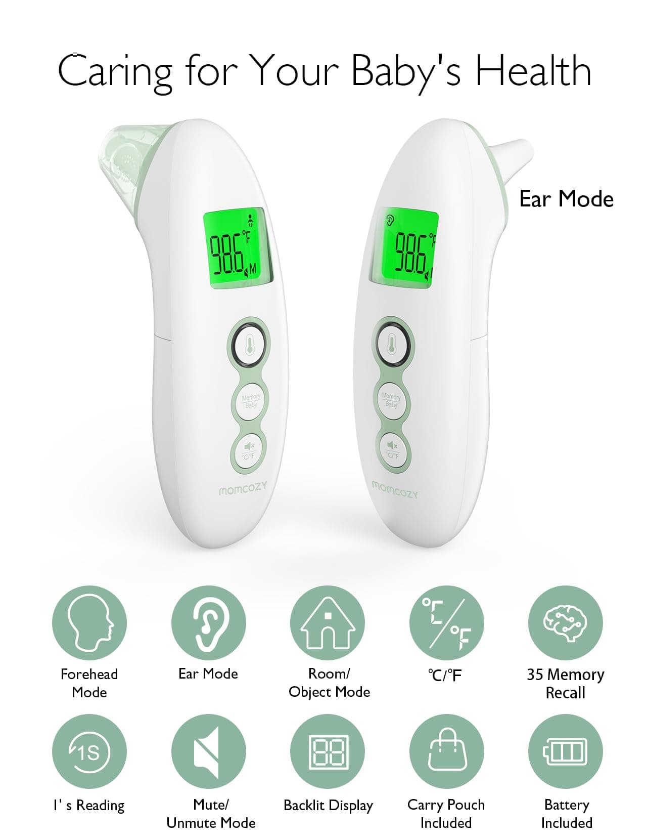 Momcozy Non-Contact Forehead and Ear Thermometer, Digital Infrared Thermometer for Adults and Children, with Child Mode, Fever Alarm Function, Mute and Memory Functions, Fast and Accurate Measurement thumbnail 5