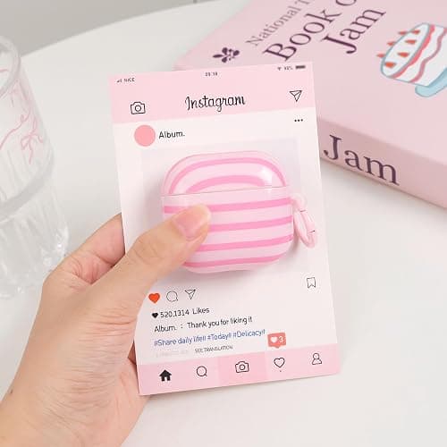 Fycyko Compatible for AirPods 4 Case Soft TPU with Cleaner Kit Cute Horizontal Stripes Aesthetic Printed Design Shockproof Keychain Cover for Girls Woman-Pink thumbnail 7