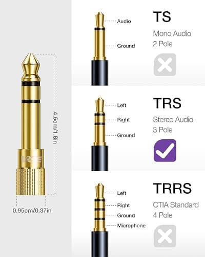 VCE 6.35mm (1/4 inch) Male to 3.5mm (1/8 inch) Female Stereo Audio Jack Adapter for Aux Cable, Guitar Amplifier, Headphone, 2 Pack thumbnail 6