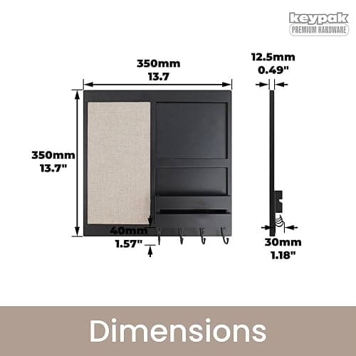 keypak Wall Mounted Memo Board with Shelf & Letter Holder - Black Chalkboard Organiser With 4 Key Hooks For Hallways, Kitchens & Entryways thumbnail 2