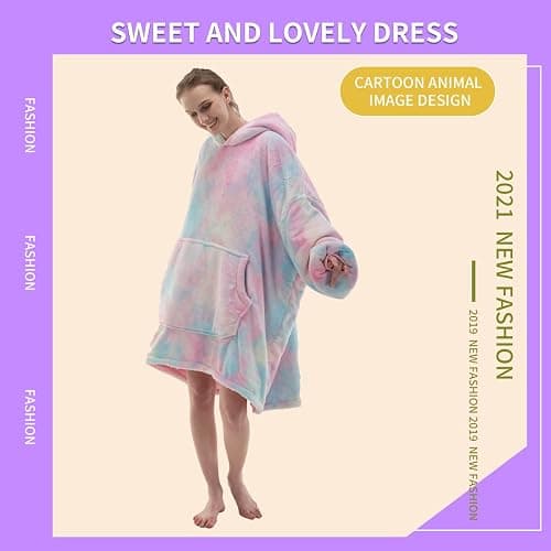 COSUSKET Adult Hoodie Wearable Blanket, Tie Dye Super Cozy Warm and Oversized Sherpa Blanket Hooded for Women - Multi-hot Pink Adult thumbnail 3