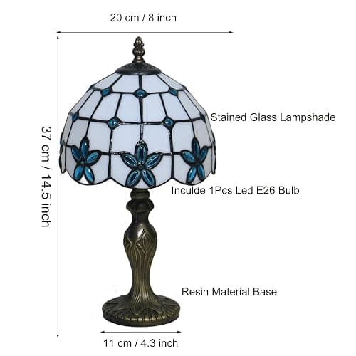 tuomoxte Tiffany Style Table Lamp, 8 Inch Stained Glass Lamp, Small Antique Table Lamp, Bedside Nightstand Lamp for Bedroom,Living Room Home Office, Blue Flower Pattern, Include LED Bulb thumbnail 7