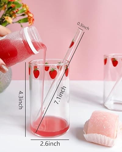 Kreapa Cute Strawberry Pattern Glass Cups - 2 Sets of 300ML Straw Glass Cups for Water, Milk, Tea, Coffee, Juice thumbnail 2