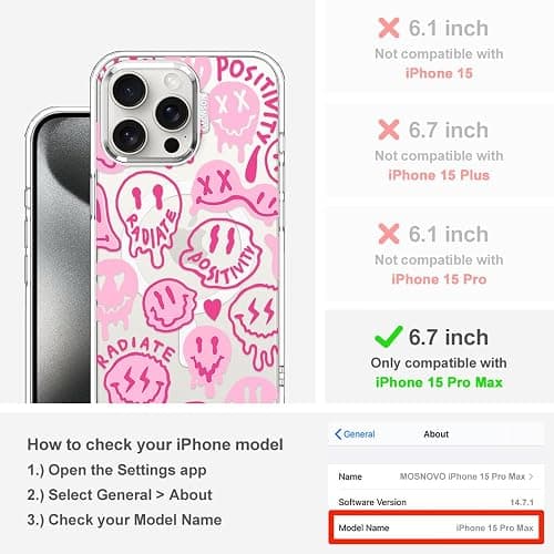 MOSNOVO Case for iPhone 15 Pro Max, [Compatible with Magsafe] [Buffertech 6.6ft Military-Grade Drop Protection] [Anti Peel Off Tech] Clear Phone Case Design - Pink Dripping Smiles thumbnail 2