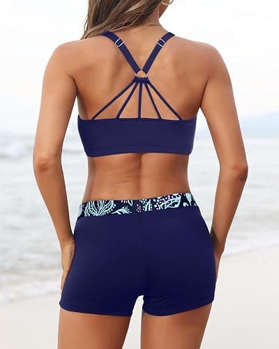 Aqua Eve 3 Piece Tankini Swimsuit for Women Tank Bathing Suit with Shorts Open Back Athletic Swimwear - Large - Navy Flower thumbnail 5