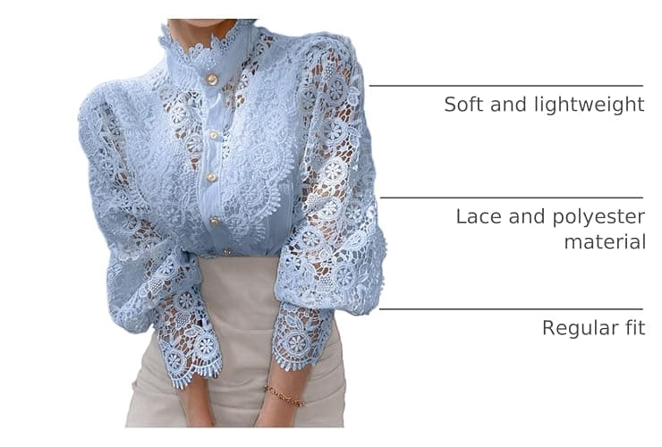 Women’s Stand Collar Lace Patchwork Shirts Casual Hollow Out Flower Petal Sleeve Button Tops thumbnail 4