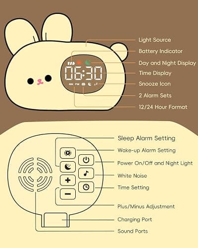 Bunny Alarm Clock for Kids with Night Light, Sleep Training Clock Time to Wake Clock, Rechargeable Silicone Light for Bedroom, Perfect Sleep Companion for Boys Girls thumbnail 9