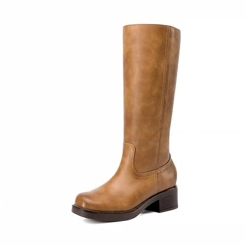 DREAM PAIRS Women's Square Toe Platform Chunky Block Heel Knee High Riding Boots | Square Round Toe,Riding Tall Boots,Side Zipper,Chunky Block Heel,Banana Yellow Brown Color,Summer Fall Fashion Daily Boots - Image 1
