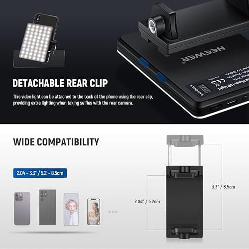 NEEWER BASICS Clip on LED Selfie Light Compatible with iPhone, 2000mAh Rechargeable, Phone Clamp Holder & Cleaning Cloth, Webcam Laptop Zoom Video Conference Recording Makeup Fill Lighting, NL-60AI thumbnail 7