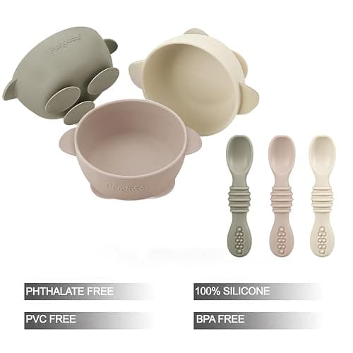 PandaEar 3 Pack Baby Suction Bowls with 3 Spoons, Stay Put Silicone Food Bowl Babies Led Weaning Supplies for Kids Toddlers, BPA-Free (Linen Brown Tan) thumbnail 3
