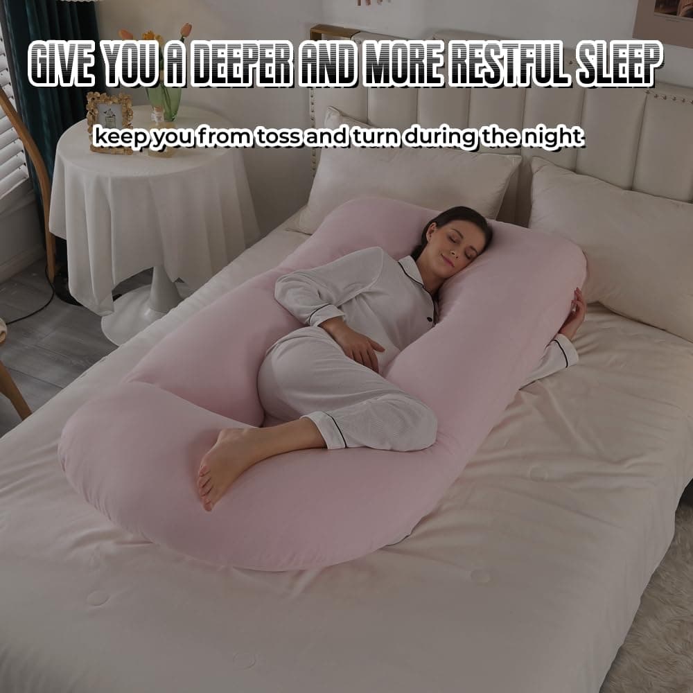 Pregnancy Pillow, Maternity Full Body Pillow for Back, Legs and Belly Support, J Shaped Full Body Pillow for Pregnant Women and Side Sleepers with Removable Cover (Knitted Cotton, Pink) - Pink thumbnail 8