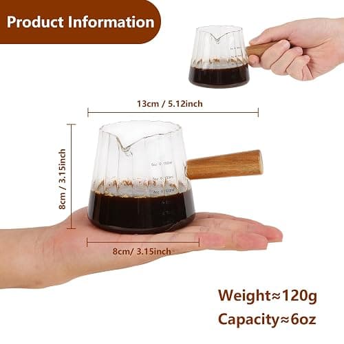YARRAMATE 2 Pack 6 oz/180ML Glass Measuring Cup with Wooden Handle – Espresso Shot Cups, Ribbed Milk Frothing Pitcher, Dual Scale Markings, V-Shaped Mouth for Easy Pouring thumbnail 2