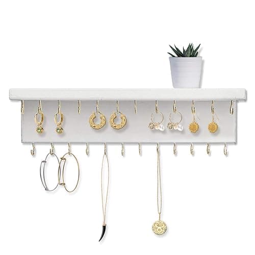 SANY DAYO HOME Jewelry Organizer with 30 Hooks and Cosmetics Shelf, 15 x 3 x 4 inches Wall Mounted Rustic Pine Wood Holder for Necklaces and Bracelets, Suitable for Kids and Adults (Retro White) thumbnail 6
