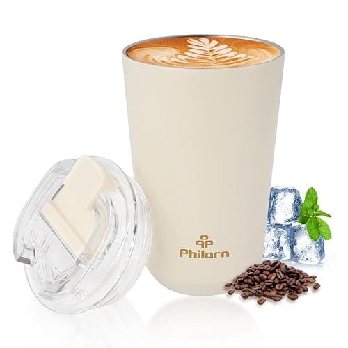 Philorn Thermobecher Kaffee to go Becher - 13oz/380ml Kaffeebecher to go mit Deckel, Auslaufsicher Coffee to-go Becher Thermo aus Edelstahl, Wiederverwendbar Kaffee Thermobecher, Weiß - Image 1