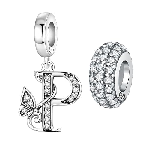 PANPOKI 2 Pack 925 Sterling Silver Butterfly Letter Charms for Bracelets and Necklace Alphabet Initial Dangle Pendants Round Spacer Beads Pave Cubic Zirconia Jewelry Gift for Women - Image 1
