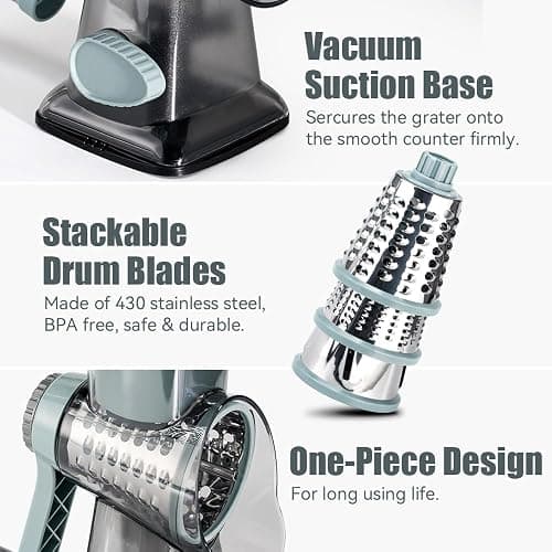 KEOUKE Rotary Cheese Grater Hand Crank Transparent - Shredder Slicer Grinder 3 Stainless Steel Blades, Stable Suction, Labor-Saving Handle, Safe Kitchen Tool for Cheese, Vegetable, Nuts, Chocolate thumbnail 6