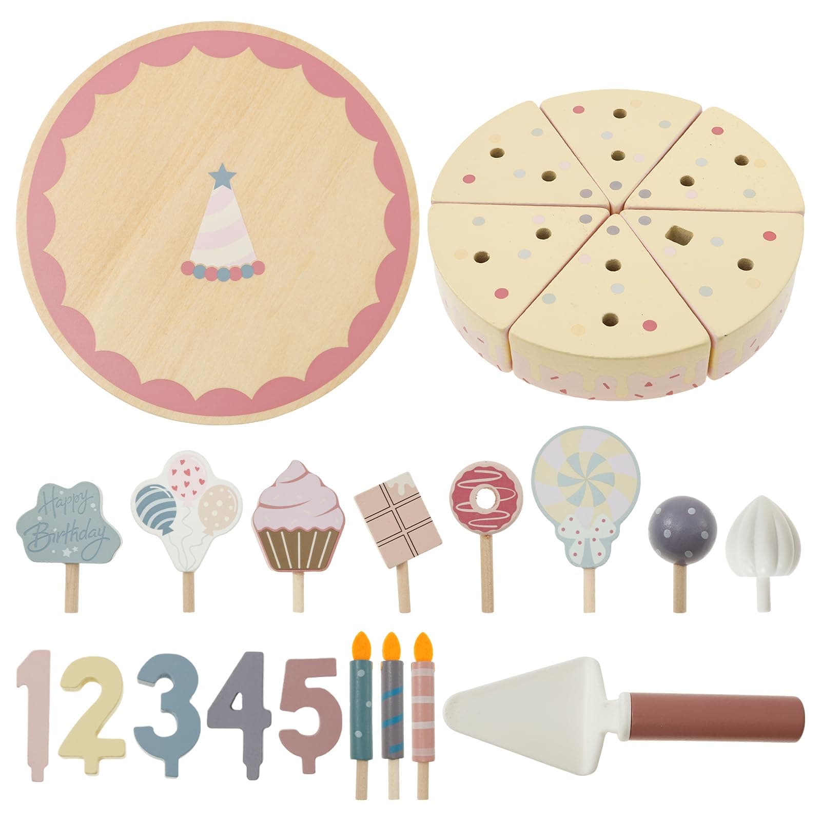 Wooden Birthday Cake Toy, Cutting Cake Play Toy Playset Safe Party Cake Pretend Toy Play Food Set with Candle and Numbers for Boys Girls Kids (Pink) thumbnail 9