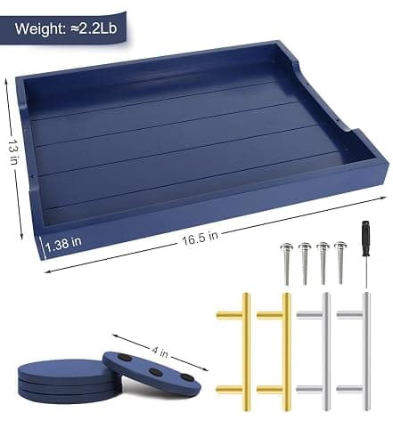 SXNOWS Coffee Table Tray - Large Ottoman Tray for Living Room - Wood Serving Tray with Handles(2 Sets) - Wooden Trays for Coffee Tables, 4 Round Coasters Included, Deep Blue thumbnail 3