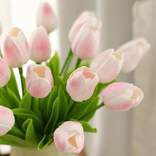 ucky 20 Pcs Light Pink Artificial Tulip Silk Fake Flowers Realistic Touch Spring Summer Fake Flowers for Home Decor Outdoor Garden Parties and Wedding thumbnail 6