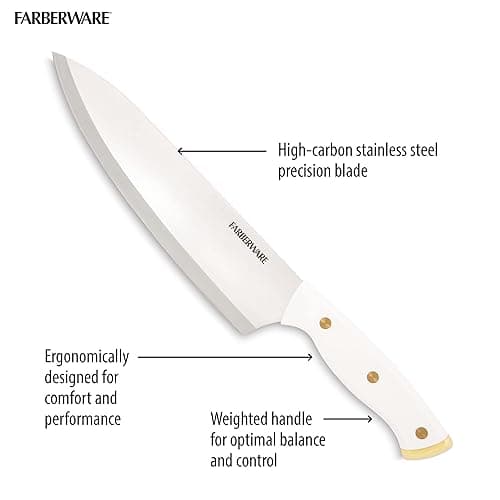 Farberware 15-Piece Triple Riveted Knife Block Set, High Carbon-Stainless Steel Kitchen Knives, Razor-Sharp Knife Set with Wood Block, White and Gold - 15-Piece - White and Gold thumbnail 4