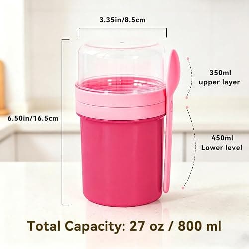 Botsparty 27oz Reusable Yogurt Parfait & Overnight Oats Cups – 100% Leakproof with Lid & Spoon for Meal Prep, Breakfast, Office & Gym (Pink) thumbnail 2