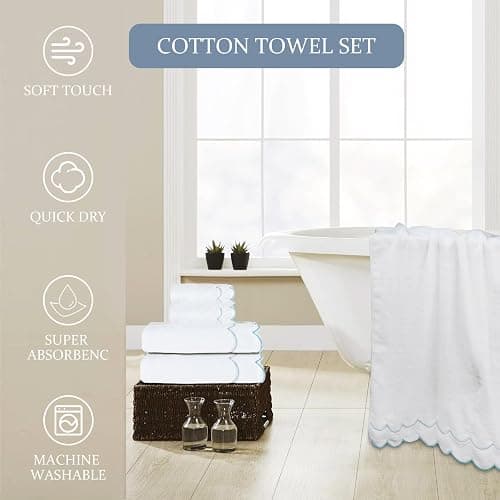 RRBXIA 4 Set 100% Cotton Bath Towels Set 2 Bath Towels 2 Hand Towels Embroidered Decorative Scalloped Towels Soft Cute Towel for Bathroom (Blue) thumbnail 4