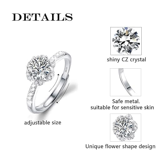M&Ostyle 925Silver Moissanite Adjustable Engagement Ring, Promise Eternity Ring for Women,Wedding Rings,Jewelry Gift,Friendship Promise Fashion Jewelry Valentine Gifts for Women - flower thumbnail 3