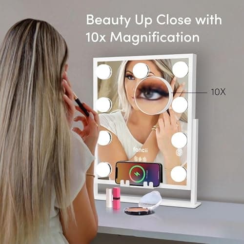 Fancii Vanity Mirror with Lights, BT Speaker, Wireless Charging - Detachable 10X Magnifying Mirror, 9 Hollywood Bulbs, LED Lighted Makeup Mirror with Phone Stand, 3 Color Modes, Adjustable Tilt thumbnail 7