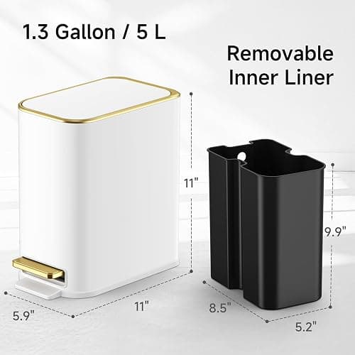 TIPGO Small Bathroom Trash Can with Lid, 5 Liters / 1.3 Gal, White | Foot Pedal, Soft Close Lid, Removable Inner Bucket, Slim Stainless Steel Waste Basket for Bedroom, Office, Kitchen thumbnail 4