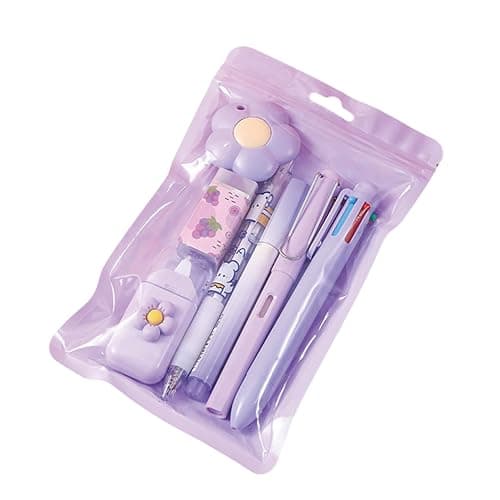 7 Pcs Cute Purple Stationery Set Kawaii School Supplies Office Supplies Including Ballpoint Pens Pencil Sharpener Highlighter Correction Tape Ruler Utility Knife (Purple) - Image 1