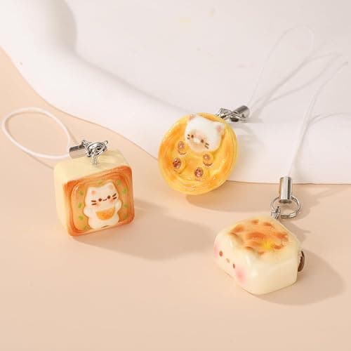 GAXAYA 3PCS Cute Cat Bread Phone Charms Strap for Women Kawaii Kitten Toast Keychains for Bags Backpack thumbnail 3