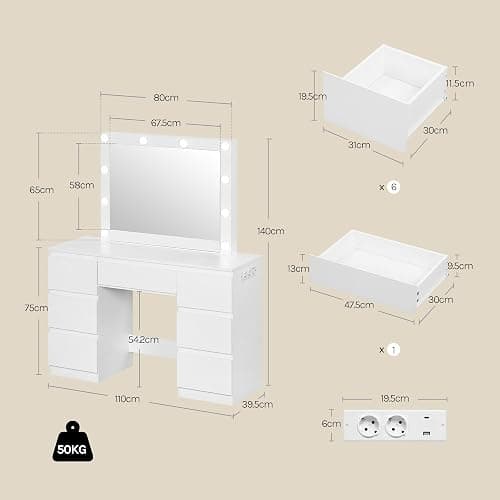 ⭐️WOLTU Dressing Table with Lights and Socket Strip, Vanity Desk with Large LED Mirror and 7 Drawers, Makeup Desk 110x39.5x140cm, White Modern Bedroom Dresser, MB6124ws thumbnail 8