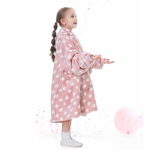 Aemicion Pink Polka Dot Wearable Blanket Hoodie for Girls 6-12, Kids Oversized Hooded Blanket with Sleeves, Soft Fleece & Sherpa Lounge Wear, Cute Birthday Christmas Gifts for Girls thumbnail 2