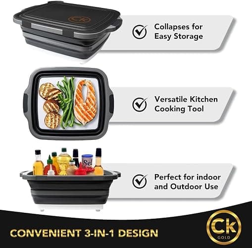 CK GOLD Collapsible BBQ Prep Tub - Includes Cutting Board, LOCKING Lid & Strong Drain Hole for Meal Prep & Marinating | BPA-Free, Food-Grade BBQ & Meat Prep Tubs, Best Grilling Gifts (Black, 8 L) thumbnail 7