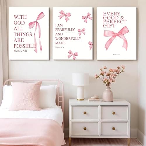 Coquette Pink Bow Canvas Wall Art Set of 3, Inspirational Bible Verses Decor Posters Pictures Prints Aesthetic for Girls Room College Apartment Living Room Bedroom Framed 12x16 Inch thumbnail 5