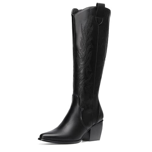 DREAM PAIRS Womens Cowboy Boots Wide Calf Comfortable Pull On Zipper Chunky Heel Pointed Toe Embroidered Western Cowgirl Knee High Boots Ladies Retro Tall Boot - Image 1