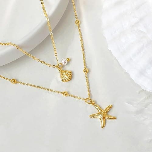 Zeffy Shell Necklace for Women,14K Gold Plated Layered Starfish Conch SeaShell Pearl Pendant Charm Necklace Stack Waterproof Dainty Beach Jewelry for Summer Vacation thumbnail 5