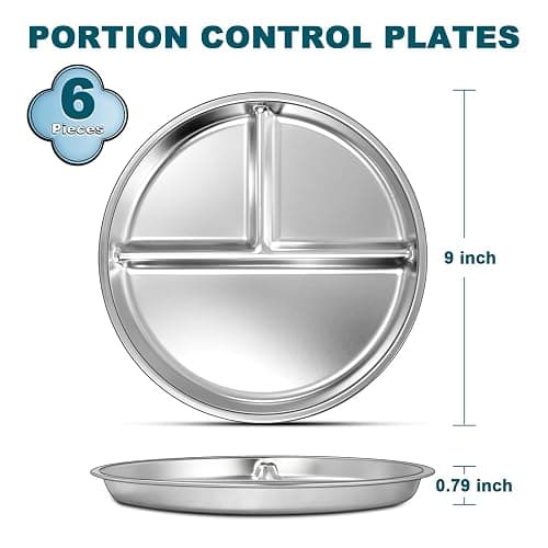 EWFEN Stainless Steel Toddler Plate Set of 6, 9" Portion Control Plates Divided Plate for Adults Kids Balance Lunch, Non Slip | Unbreakable Toddler Baby Feeding Set Dishwasher Safe thumbnail 3