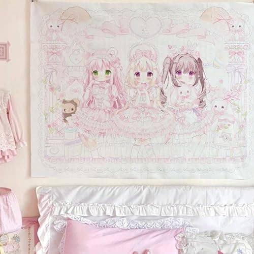 SUFUZEGA Kawaii Anime Girl Tapestry Girly Bedroom Dorm Wall Hanging Cute Anime Room Decor Bedhead Backdrop (P01,60 L x 50" W) - Image 1