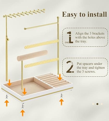 Emibele Jewelry Holder, Jewelry Organizer Stand Necklace Earrings Bracelet Holder, 5 Tier Jewelry Display Tower Rack with Metal Frame and Velvet Ring Tray, Aesthetic Jewelry Stand Gift for Women, Gold thumbnail 7