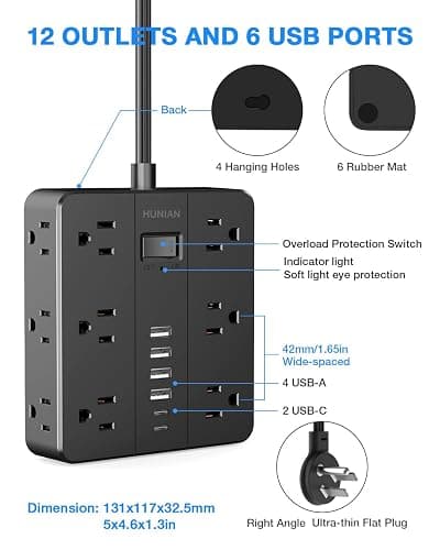 Flat Plug Power Strip Surge Protector, HUNIAN 5 Ft Extension Cord with 12 Widely Spaced Multiple Outlets 6 USB Charger (2 USB C Ports), Desk Charging Station for Home Office Supplies, Black thumbnail 7