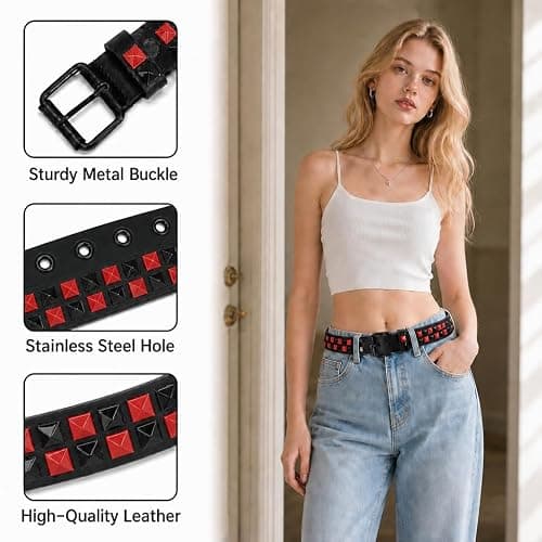 SNCEAW Studded Belt, Metal Punk Rock Rivet Y2K Leather Belt with Bright Pyramid Studded for Women Men thumbnail 3