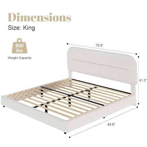 HOMBCK King Size Bed Frame, Upholstered Boucle Bed Frame King with Headboard, Soft Cloud Bed Frames with Thickened Footboard, Rounded Corners, No Box Spring Required, Easy Assembly, Cream thumbnail 2