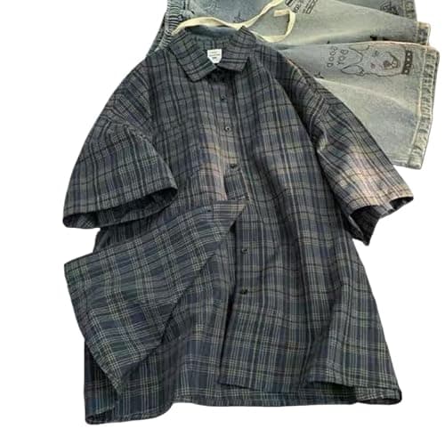 Mens Plaid Short Sleeve Teens Harajuku Vintage Aesthetic Baggy T-Shirts thumbnail 4