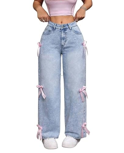 Chmnigma Baggy Jeans for Woman Teen Girls Bow Jeans High Waisted Straight Leg Cute Pants Casual Preppy Clothes - Image 1