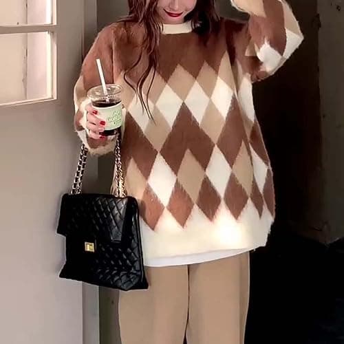 Women Argyle Plaid Oversized Sweater Dark Academia Clothing Y2k Vintage Aesthetic Pullover Top Harajuku Preppy Clothes - Large B Brown thumbnail 3