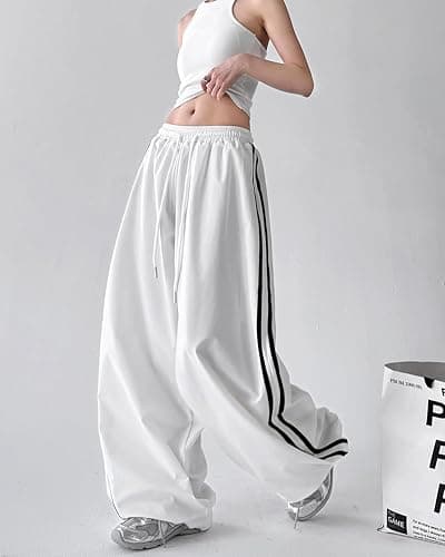 Unotobe Women's Y2K Baggy Parachute Pants High Waist Wide Leg Track Pants | Side Stripes Lightweight Cargo Joggers with Loose Fit Drawstring Elastic Waistband for Streetwear thumbnail 2